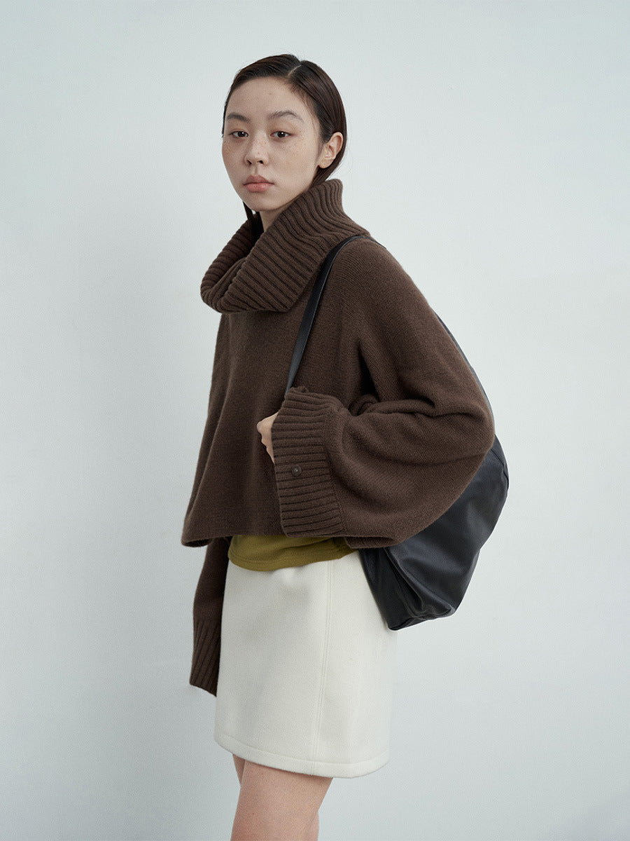 Cropped Oversized Turtleneck Wool Knit Sweater