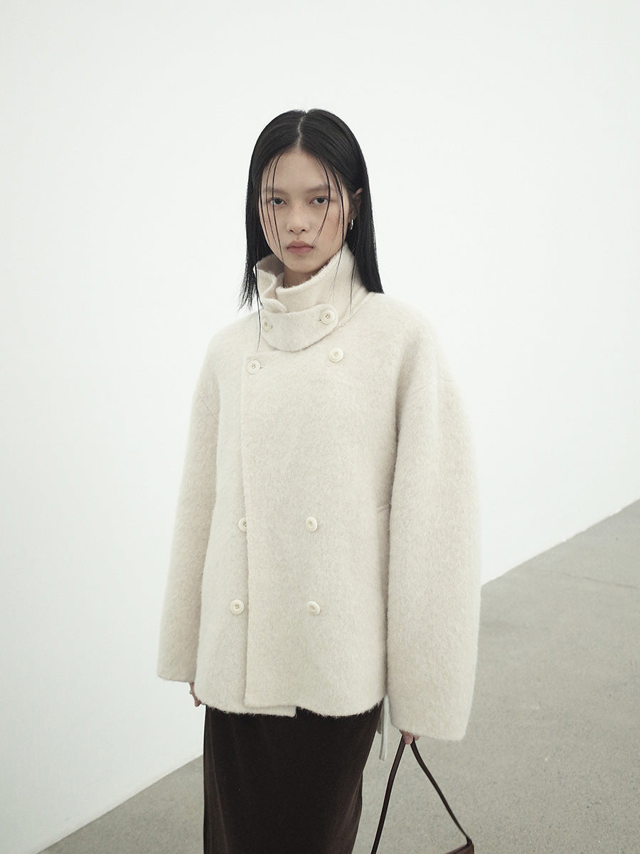 Love with Nancy Thirteen Lines Minimalist Winter Korean Style Lapel Double-Breasted Wool Lazy Short Double-Sided 03490