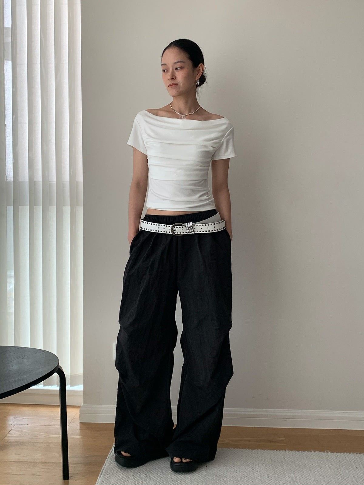 Draped Boat Neck Ruched Fitted T-Shirt