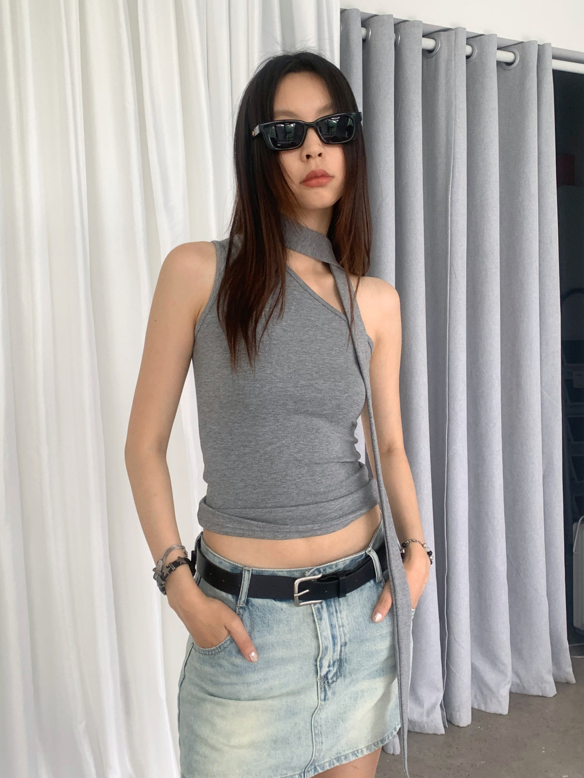One Shoulder Mock Neck Scarf Tank Top
