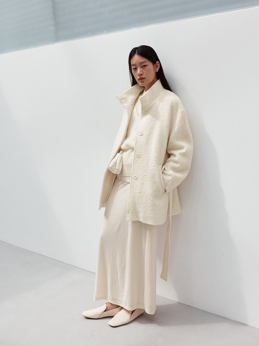 Solid Color Alpaca Warm Wool Coat with Waist Belt