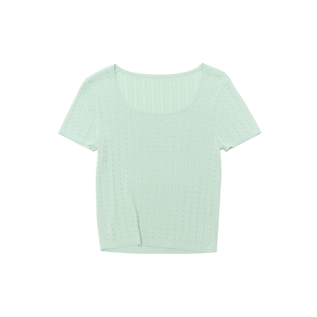 Delicate Mesh Lace Square Neck Slim Fit Knit Top