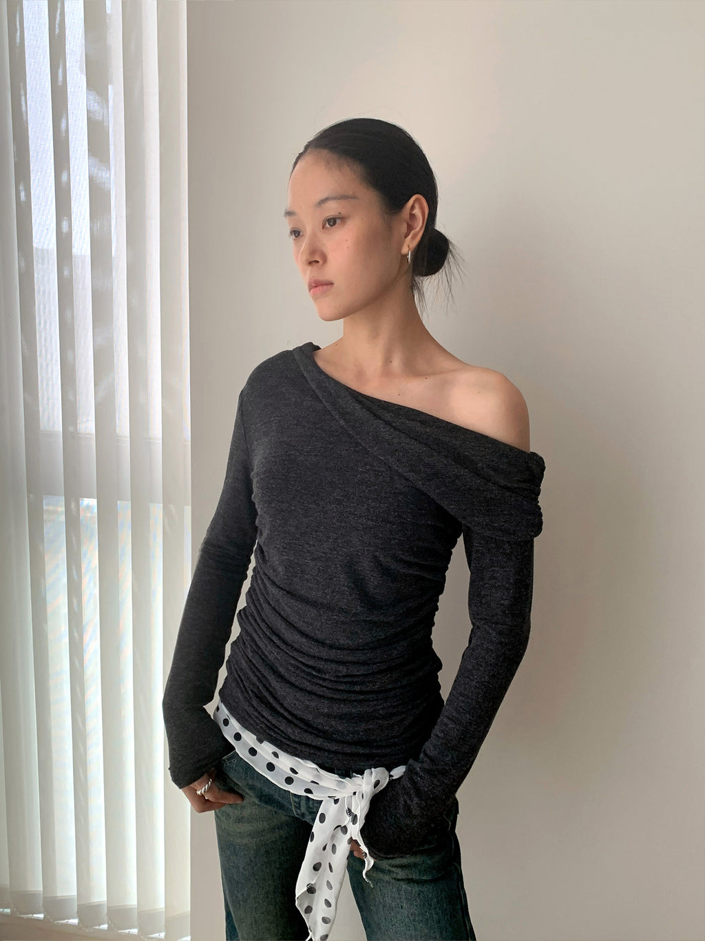 Off Shoulder Ruched Long Sleeve Slim Fit Top