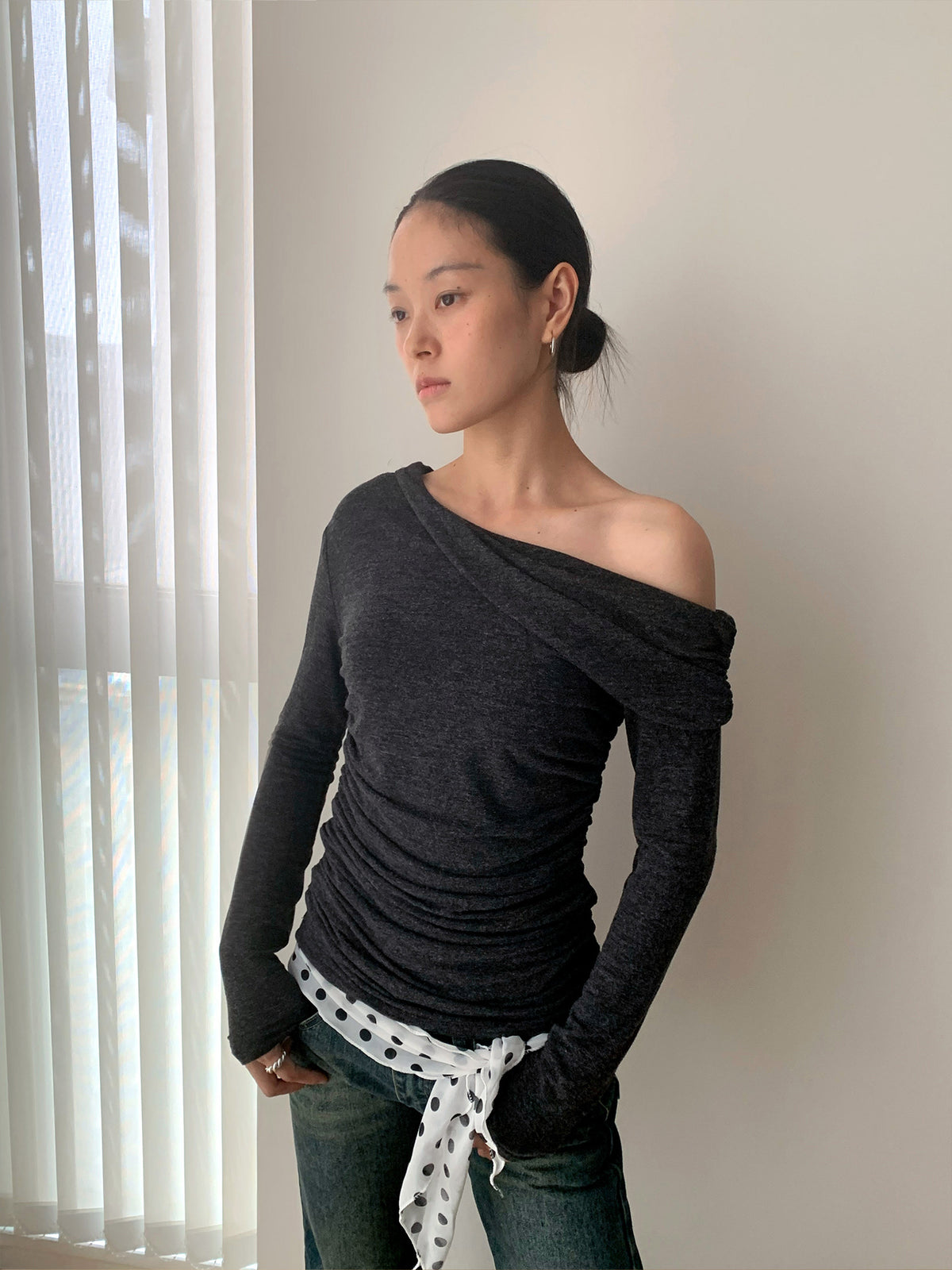 Off Shoulder Ruched Long Sleeve Slim Fit Top