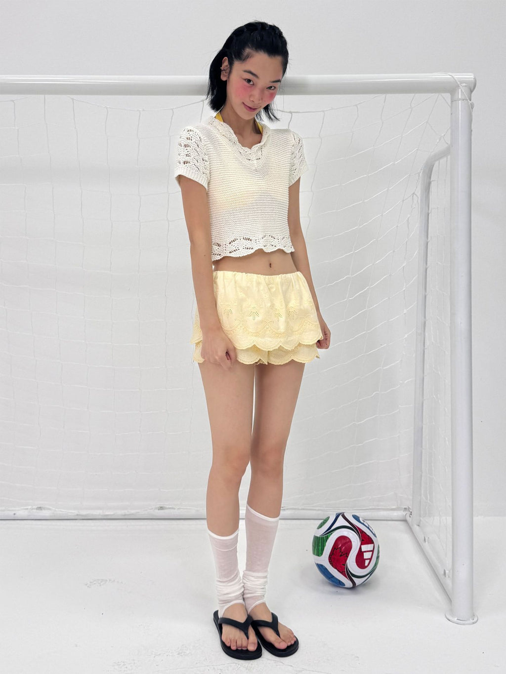 Linen-cotton Layered Embroidered Elastic Waist Mini Skirt with Shorts