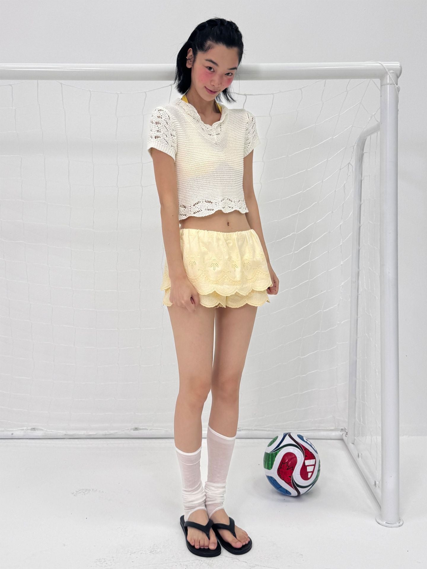 Linen-cotton Layered Embroidered Elastic Waist Mini Skirt with Shorts