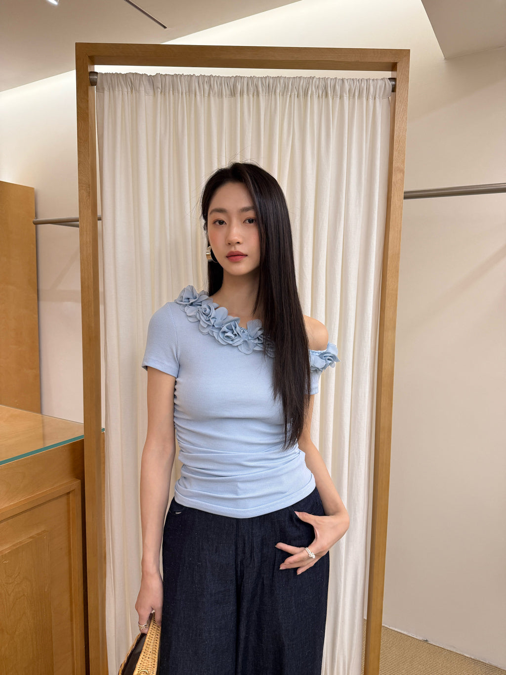 Floral Appliqué Off-Shoulder Knit Top