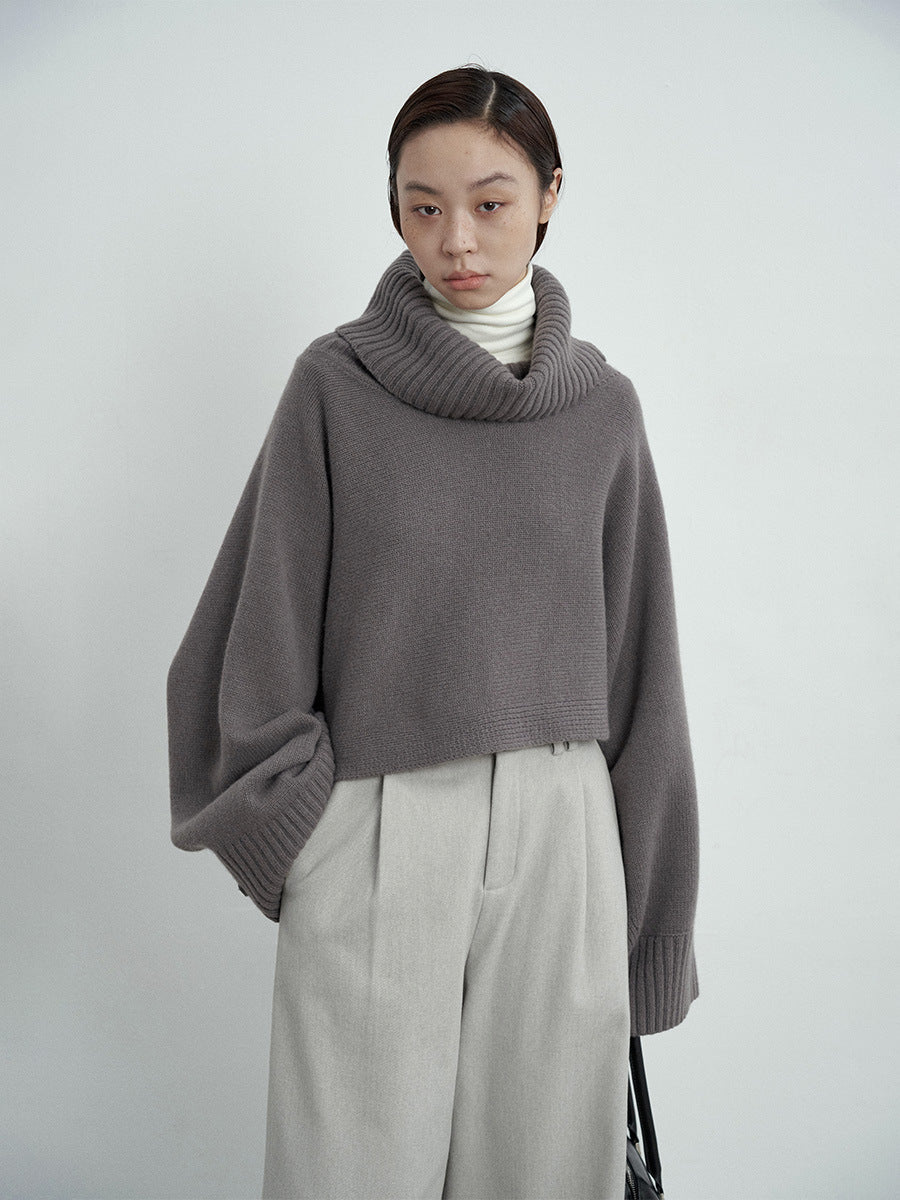 Cropped Oversized Turtleneck Wool Knit Sweater