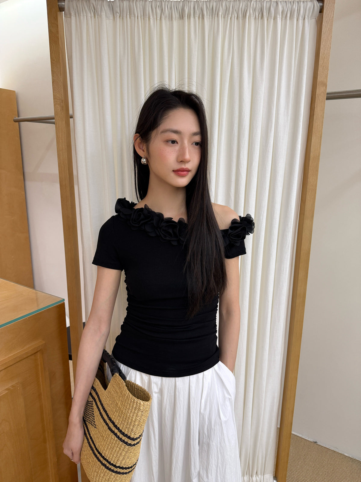 Floral Appliqué Off-Shoulder Knit Top