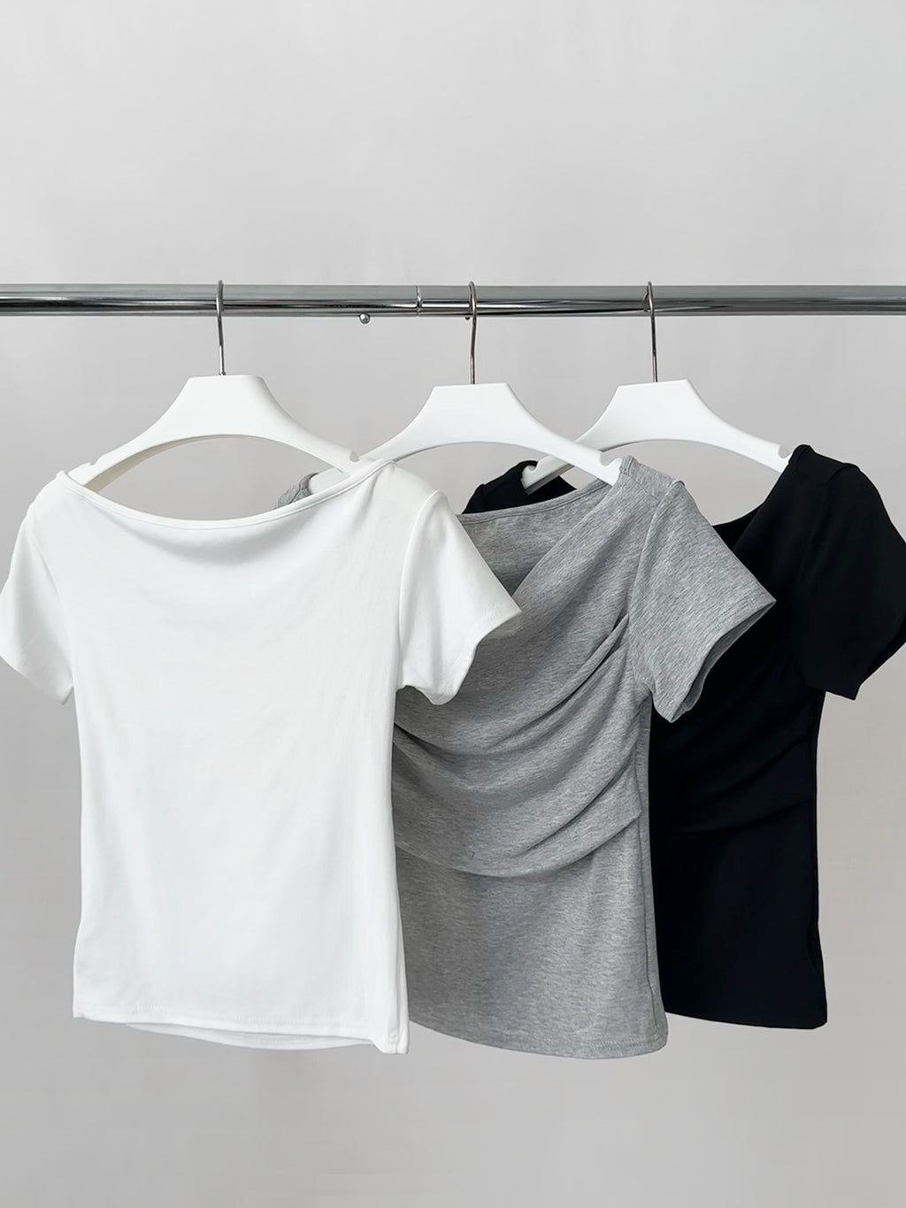 Draped Boat Neck Ruched Fitted T-Shirt