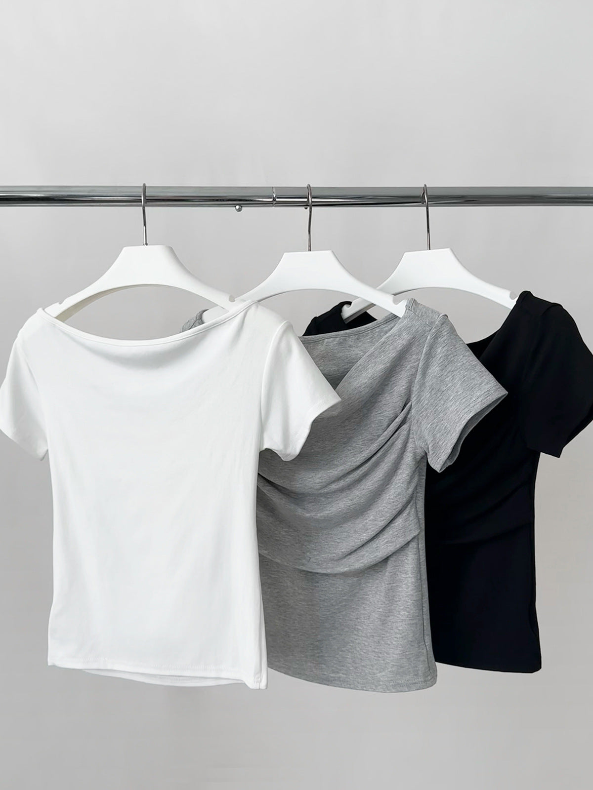 Draped Boat Neck Ruched Fitted T-Shirt