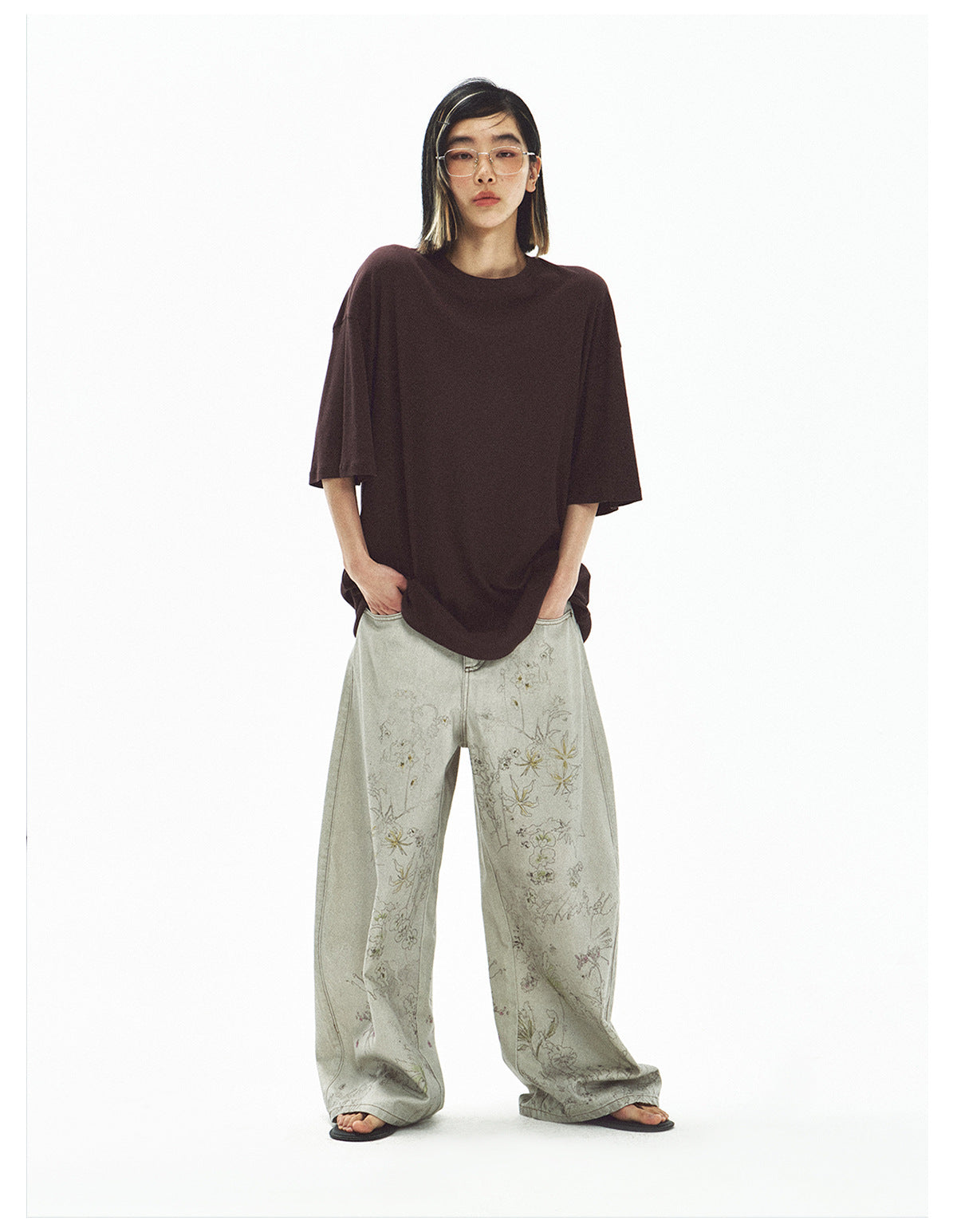 Stylish Flower Design Baggy Jeans