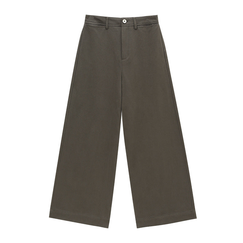 High-Waist Solid Color Cotton Slight Stretch Wide-Leg Cropped Pants