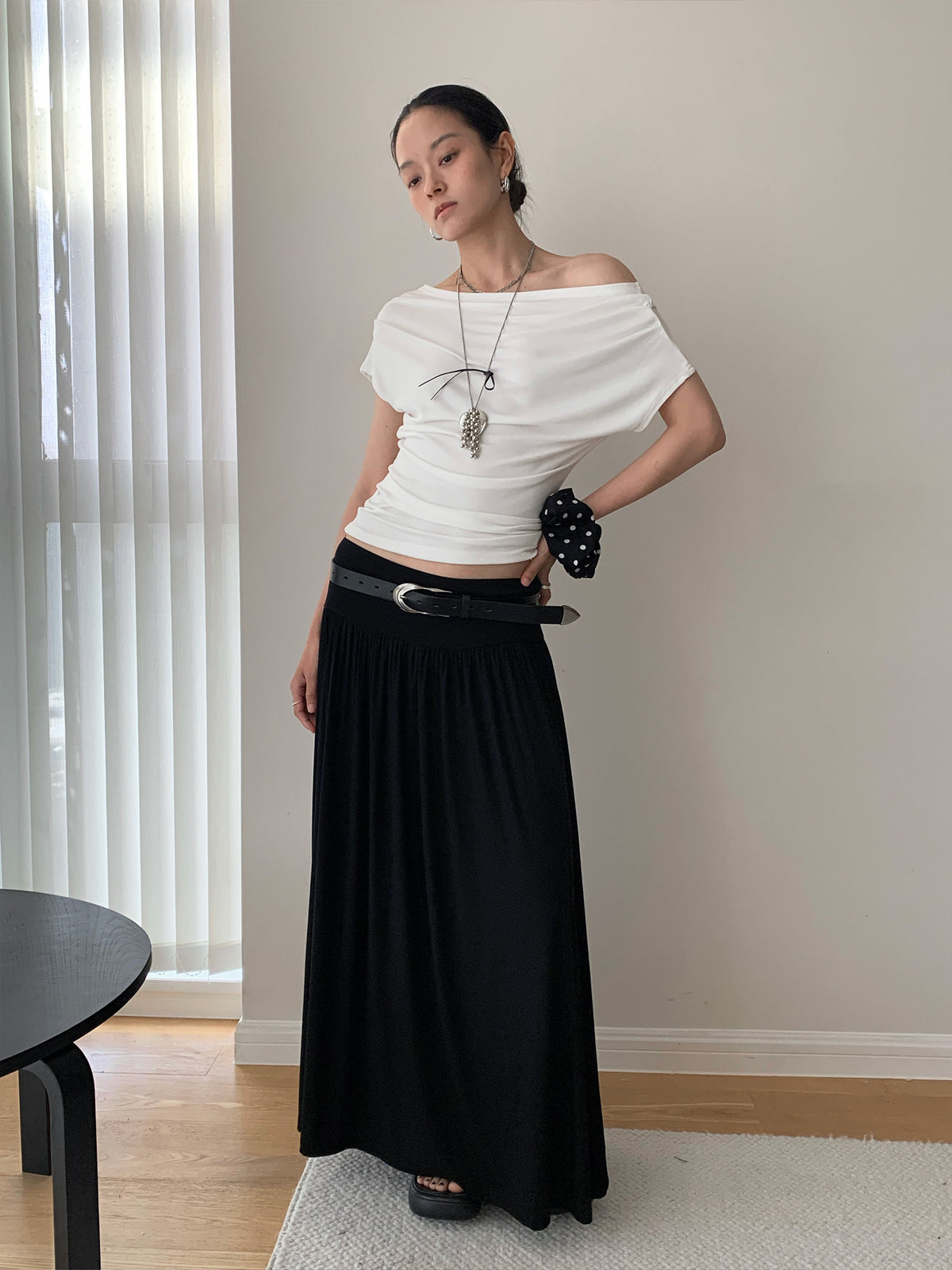 Draped Off Shoulder Boat Neck Ruched Fitted Top