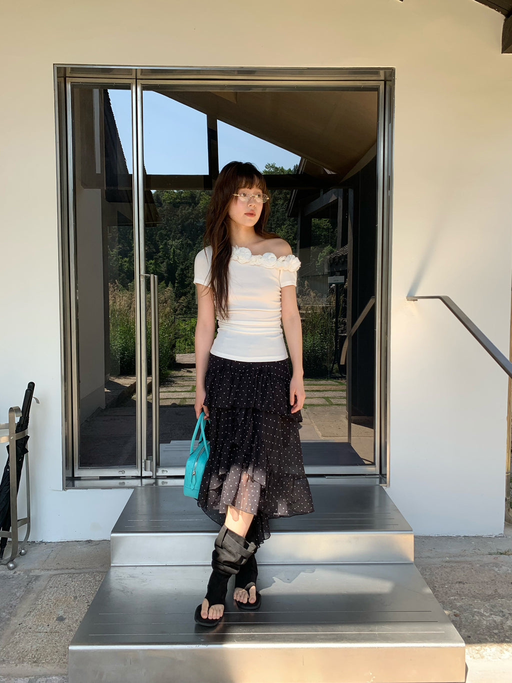 Floral Appliqué Off-Shoulder Knit Top
