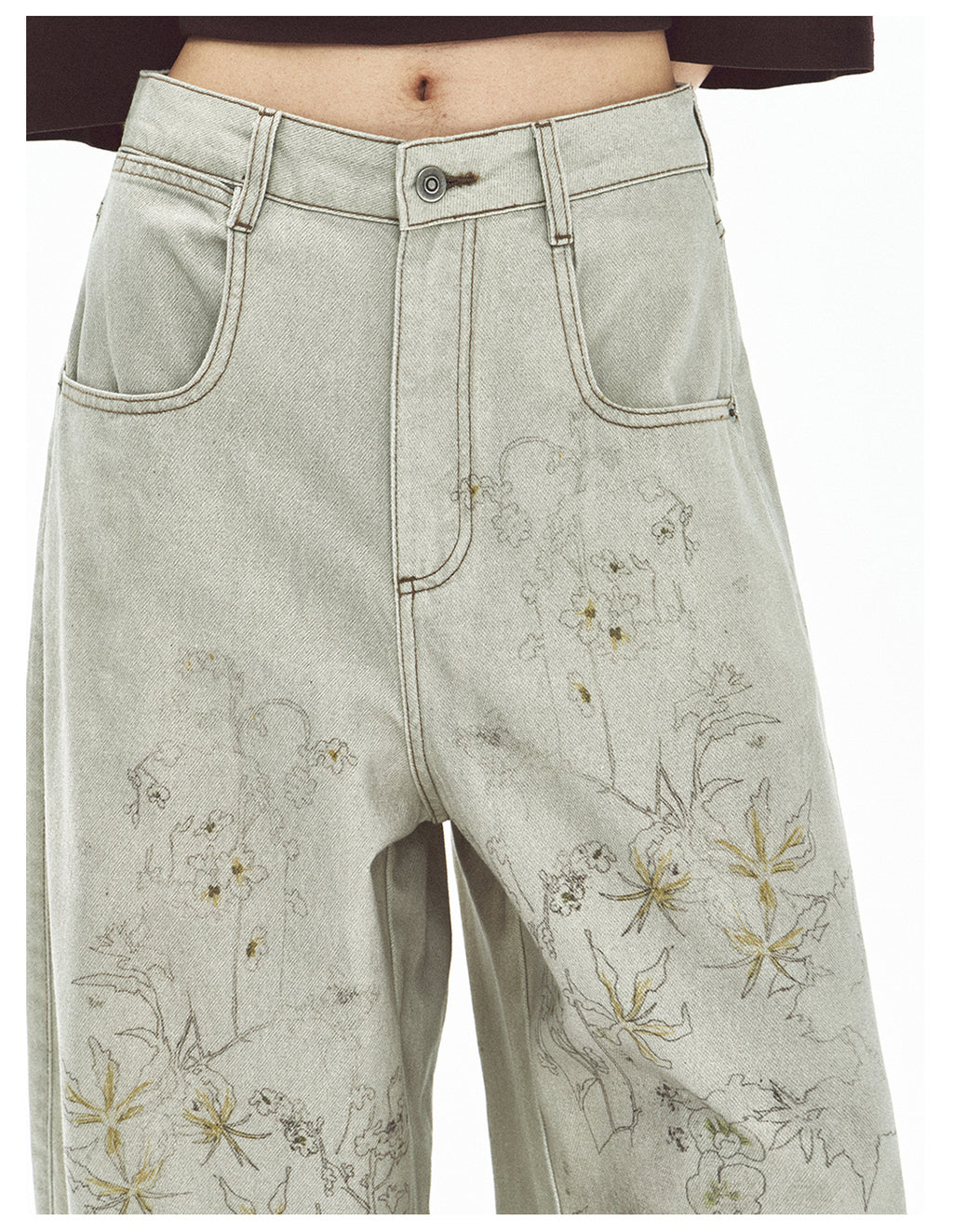 Stylish Flower Design Baggy Jeans