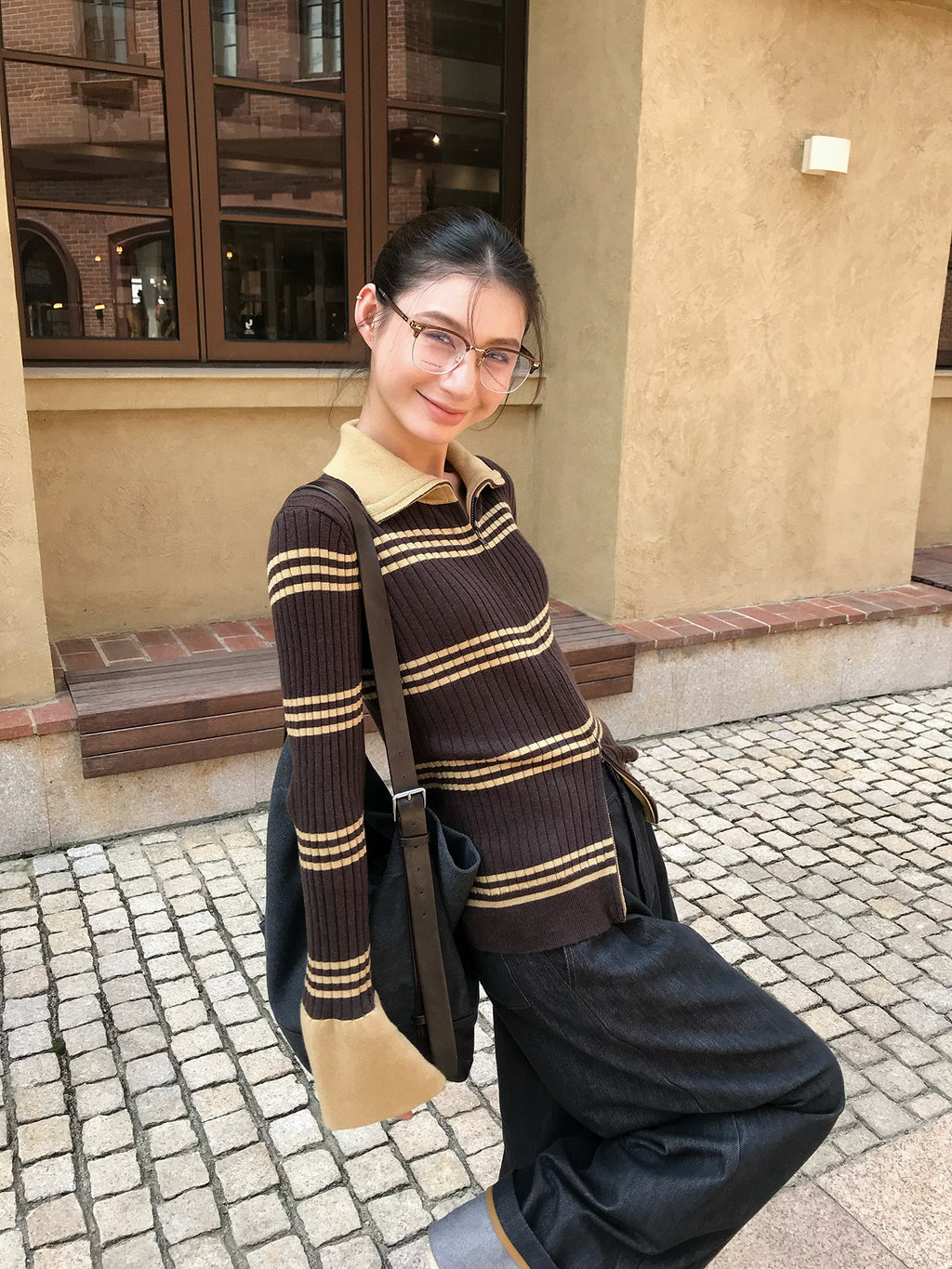 Flared Sleeves Slim Striped Zip-Up Knitted Sweater Cardigan Top