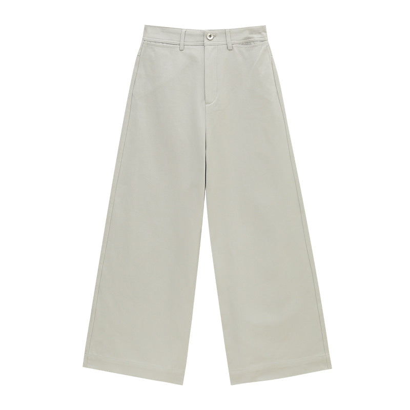 High-Waist Solid Color Cotton Slight Stretch Wide-Leg Cropped Pants